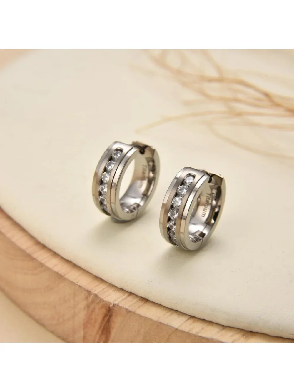 Pure Titanium Huggie Hoop Earrings for Sensitive Ears, CZ Accent, Unisex Style